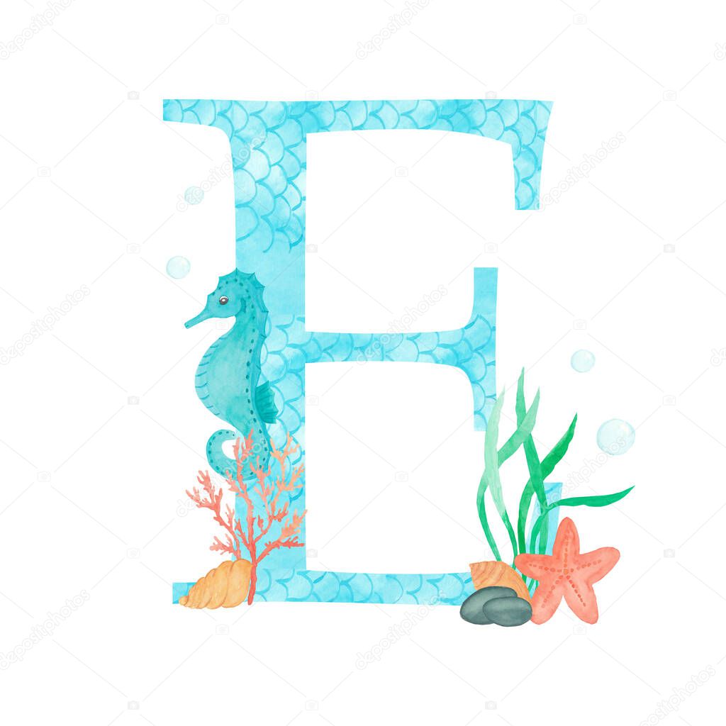 English alphabet Letter E Monogram with watercolor marine design - seahorse seaweed coral starfish. Isolated on white background Hand painting illustration. Font for design greeting cards and other.