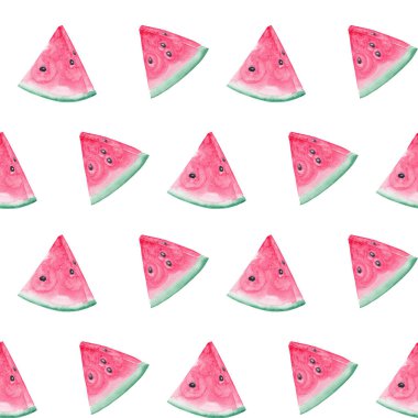 Suluboya desensiz kırmızı karpuz. Beyaz arka planda izole edilmiş yaz taze illüstrasyonu. El çizimi. Vejetaryen için sağlıklı yemek. Mutfak, tekstil, kumaş, menü için vejetaryen tasarımı.