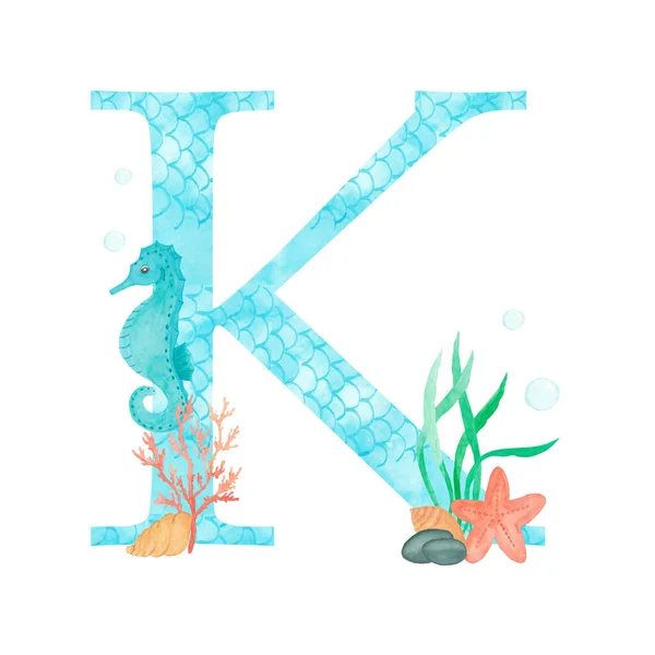 Abjad Inggris Huruf K Monogram dengan desain kelautan cat air - rumput laut rumput laut laut laut bintang laut. Terisolasi di latar belakang putih Ilustrasi lukisan tangan. Fonta untuk kartu ucapan desain dan lainnya. — Stok Foto