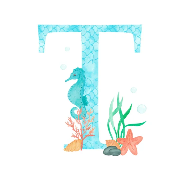 Alfabeto inglés Letra T Monogram with watercolor marine design - seahorse seaweed coral starfish. Aislado sobre fondo blanco Ilustración de pintura a mano. Fuente para tarjetas de felicitación de diseño y otros . —  Fotos de Stock