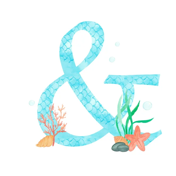 Alfabeto inglés. Ampersand. Monograma con acuarela de diseño marino - conchas de algas marinas estrellas de coral. Aislado sobre fondo blanco. Ilustración de pintura a mano. Fuente para diseño, tarjetas de felicitación y otros . —  Fotos de Stock