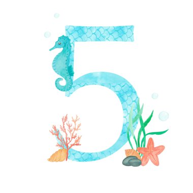 5 numaralı suluboya. Suluboya deniz tasarımı ile monogram - deniz yosunu mercan denizyıldızı. Beyaz arka planda izole edilmiş. El boyama çizimi. Tasarım tebrik kartları ve diğerleri için yazı tipi.