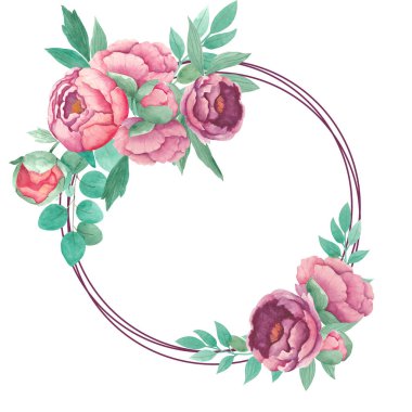 Suluboya yuvarlak çerçeveli şakayık çiçekleri beyaz arka planda izole edilmiş okaliptüs dalları bırakır. El çizimi. Spa için mükemmel bir rahatlama tatili. Davetiyeler ve diğer kartlar üzerine yazıcı tasarımı.