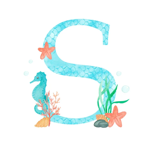 영어 알파벳 알파벳 S Monogram with watercolor marine design - seaseaweed coral starfish. 흰색 바탕에 손 그림으로 분리되어 있다. 카드와 다른 카드들을 디자인하기 위한 퐁. — 스톡 사진