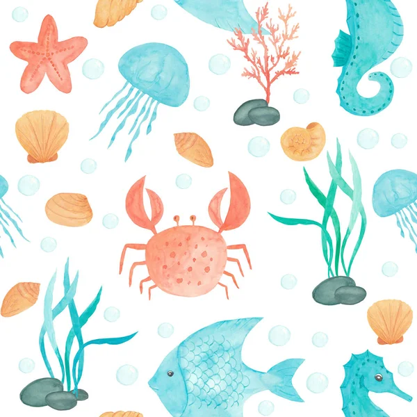 Watercolor seamless pattern of the marine theme- crab, fish, seahorse, seaweed, coral on white background. Hand drawn. Perfect for wallpapers, web page backgrounds, surface textures, fabric, paper. — Stock Photo, Image