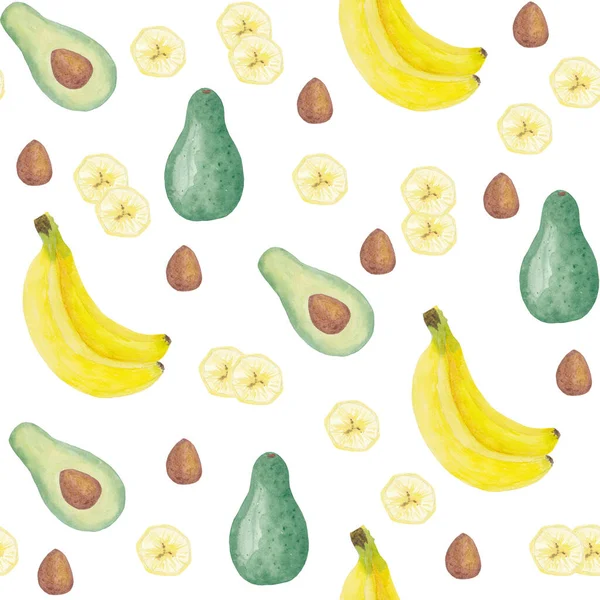 Patrón sin costuras de acuarela Aguacate Plátano Entero, Medio, Ossicle Ilustración fresca de verano Aislado sobre fondo blanco Dibujado a mano Comida de moda saludable para veganos Diseño para cocina Tejidos Menú . — Foto de Stock