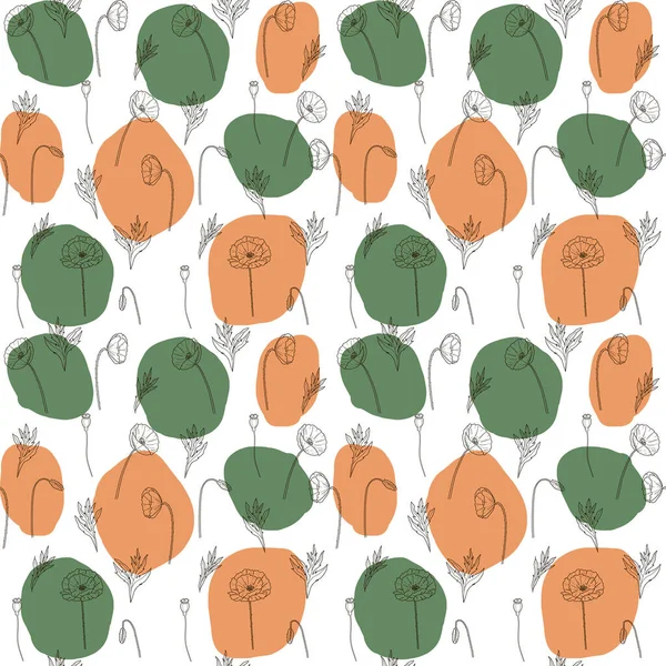 Padrão sem costura Poppy Wildflowers linha arte e laranja verde Flor desenho ilustração Preto no fundo branco. Papel de parede fundo floral monocromático. Bom para web, impressão, tecido, têxtil, papel . — Fotografia de Stock