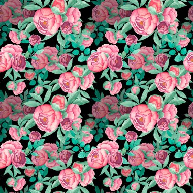 Siyah arka planda izole edilmiş okaliptüs dallarıyla suluboya desensiz şakayık çiçekleri. Boho illüstrasyonu. El çizimi. Kumaş, tekstil, kağıt ve diğerleri için klasik tasarım.