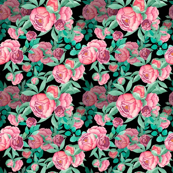 Vesiväri saumaton kuvio kukkakimppu pioni kukkia lehdet oksat eukalyptin eristetty mustalla pohjalla. Boho-kuvitus. Käsin piirretty Vintage suunnittelu kangas, tekstiili, paperi, muu. — kuvapankkivalokuva