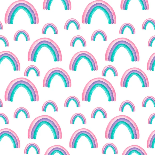 Seamless pattern watercolor rainbows in pink, purple and mint colors isolated on white background Abstract modern illustration Perfect for design nursery fabric textile Card making and other projects. — Stock Photo, Image