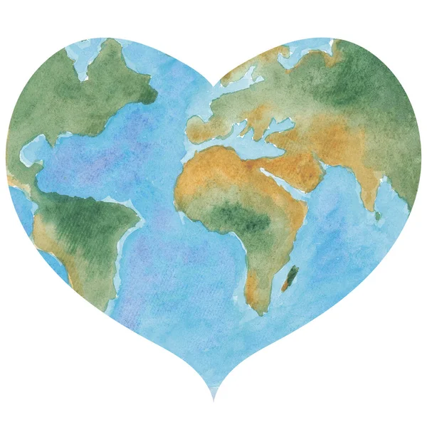 Aquarela azul e verde globo terrestre. Um único objecto, em forma de coração. Pintado à mão. Desenho gráfico em fundo branco, corte clipart emblema para design e decoração . — Fotografia de Stock