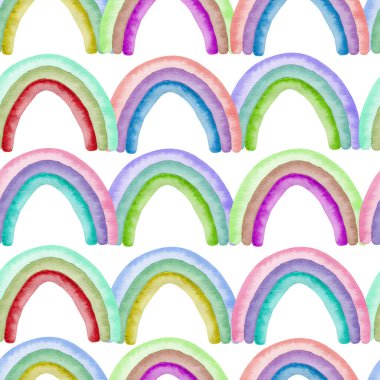 Kusursuz desenli suluboya rengarenk gökkuşakları beyaz arka planda soyut modern illüstrasyon tasarım için mükemmel kreş kumaş tekstil kartı yapımı ve diğer projeler.