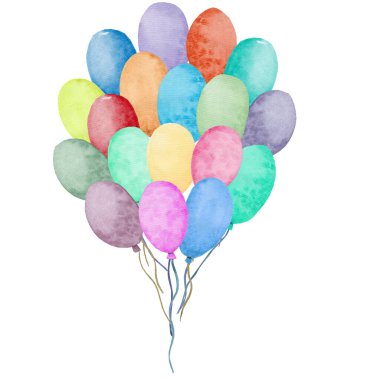 Suluboya hava balonları. El çizimi. Parti yeşili, pembe, mavi, sarı, mor, beyaz arka planda izole edilmiş kırmızı balonlar. Tebrik kartları, davet ve diğer tasarımlarınız için renkli nesne.