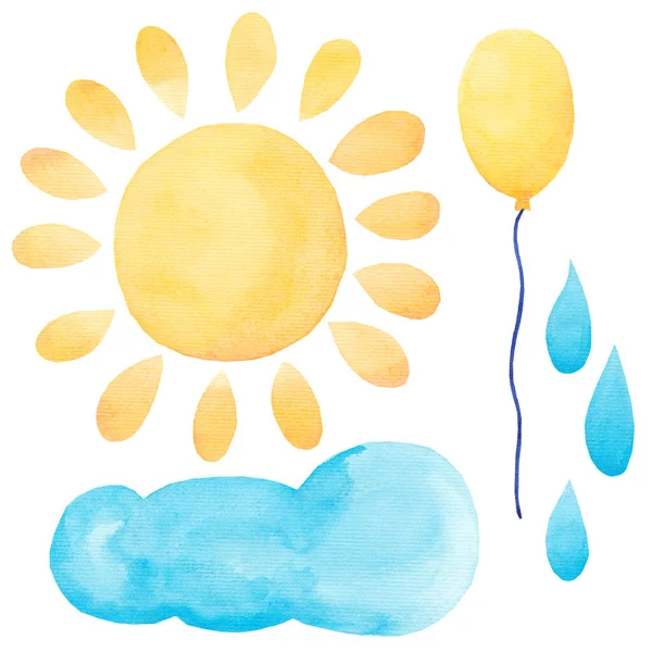 Watercolor set of air balloon, sun cloud, drops of rain. Hand drawn. Set of party blue, yellow isolated on white background. Colorful objects for greeting cards, party, invitation and other designs.