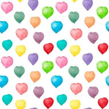 Kusursuz desenli suluboya gökkuşağı kalpleri. El çizimi. Beyaz arka planda izole edilmiş parti renkli kalpler sürüsü. Tasarım kağıdı, tekstil, kumaş ve diğerleri için kolay.