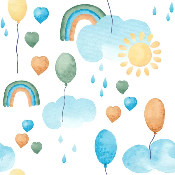 Seamless pattern watercolor Rainbows sun drops of rain cloud hearts balloons isolated on white background Modern illustration Perfect for design nursery fabric textile Paper making and other projects. — Stock Photo, Image