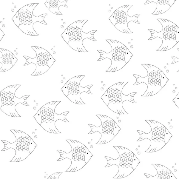 Patrón sin costura peces Línea de arte Negro sobre fondo blanco Ilustración garabato Monocromo mundo submarino Dibujo dibujado a mano para Web, Fondos de pantalla, Tela Textil Papel Invitación Tarjeta de felicitación otros . —  Fotos de Stock