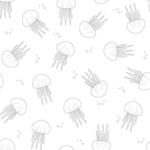 해파리 라인 미술 - 흰색 배경 삽화 doodle Monochrome Underwater world Hand Sketch for Web Wallpapers, Fabric Textile Paper Invitation Greeting card. — 스톡 사진