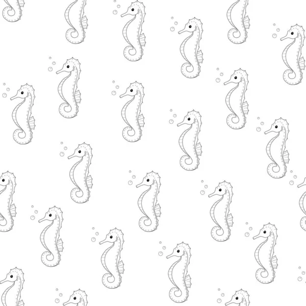 Naadloos patroon zeepaardje Lijnkunst Zwart op witte achtergrond Illustratie doodle Monochrome Onderwaterwereld Handgetekend Schets voor Web, Behang, Textiel Papier Uitnodiging wenskaart overig. — Stockfoto