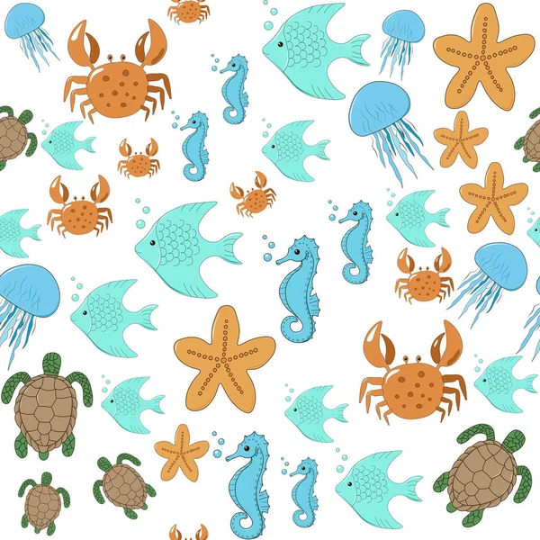 ( 영어 ) 바다에 사는 물고기 - Crabs Fishes Seahorse Turtles Starfish ( 영어 ) Jellyfish - 흰색 배경 위에 완벽 한 벽지, 웹 페이지 배경, 표면 질감, 직물, 종이. — 스톡 사진