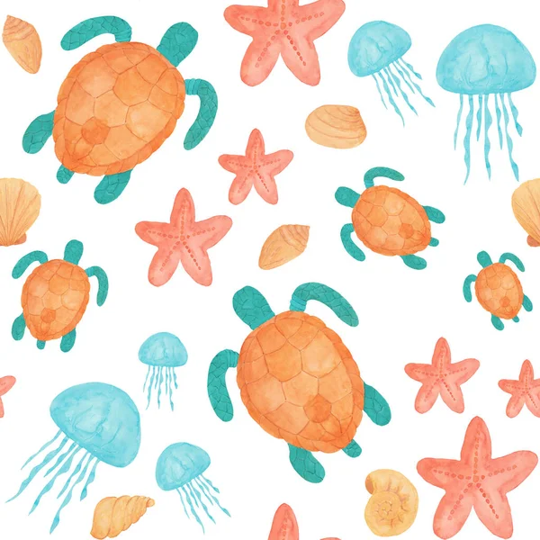 Акварельні кольори морської тематики Черепахи, Jellyfishes, Starfishes, Shells на білому тлі. Намальований вручну. Ідеально підходить для шпалер, веб-сторінок тла, текстур поверхні, тканини, паперу.. — стокове фото