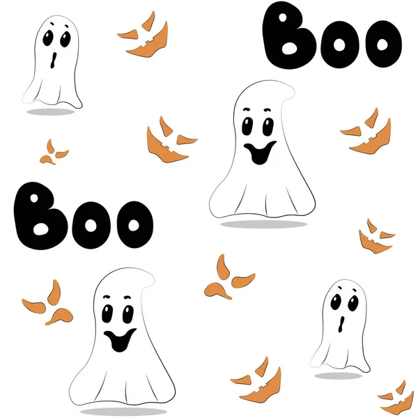 Cute seamless pattern illustration. Isolated on white background. Halloween attributes: boo, ghost eyes, cute ghosts. Easy for paper, fabric, textile, invitation cards design.
