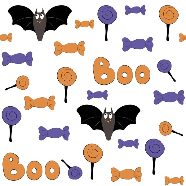Söt sömlös mönster illustration. Isolerad på vit bakgrund. Halloween attribut: boo, bat, godis. Lätt för papper, tyg, textil, inbjudningskort design. — Stockfoto