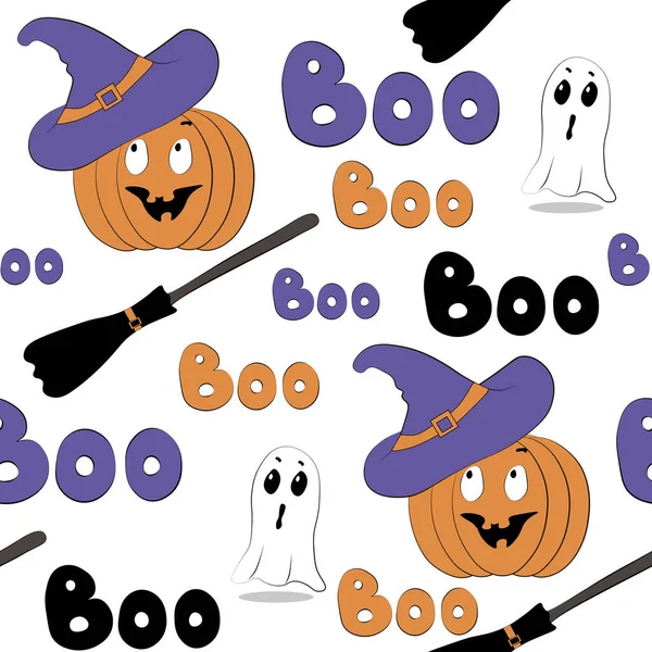 Ilustração de padrão sem costura bonito. Isolado em fundo branco. Atributos de Halloween: abóboras, chapéu, boo, fantasmas bonitos, vassoura. Fácil para papel, tecido, têxtil, design de cartões de convite . — Fotografia de Stock