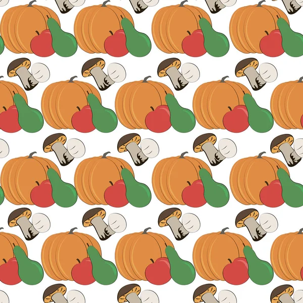 秋のかわいい漫画シームレスパターン。野菜の果物、葉、アコーン、キノコ。カバー、 Tシャツプリント、ラベル、バナー、紙、招待カードのデザインのためのデザインファブリック、繊維、印刷、アイコンのための簡単. — ストック写真
