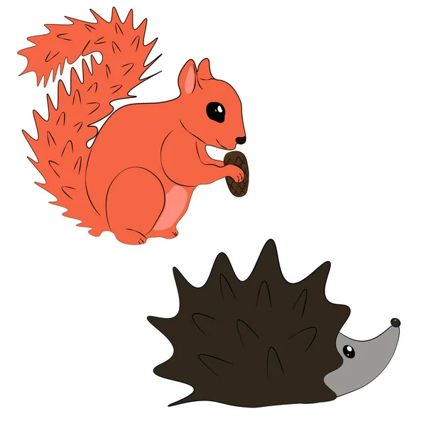 Cute Vector illustration set of a cartoon squirrel with cones and hedgehog. Forest dwellers on white background. Education and child reading skills development. Art for children. For print, web, icon. — Stock Vector