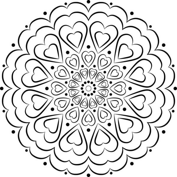 Vektor Mandala se srdcem. Černá na bílém pozadí dekorativní prvek. Kruhová geometrická abstraktní čára. Ilustrace vzoru pro omalovánky pro dospělé, karty a další dekorace. — Stockový vektor