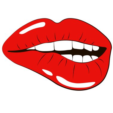 Vektör çizimi. Beyaz arka planda sakız köpüğü olan pembe dudaklı kadın. Web, Yazdırma ve Stencil Posterleri için vektör illüstrasyon simgeleri, logolar ve semboller.