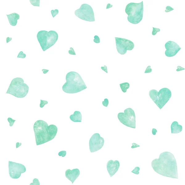 Watercolor hearts seamless pattern on a white background. Turquoise watercolor hearts. Colorful hand painted romantic texture for your design cards, holiday wrapping paper, textile and other. — Stock Photo, Image