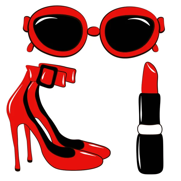 Illustrazione vettoriale. Set di accessori donna rossetto rosso, scarpe, occhiali isolati su sfondo bianco. Illustrazione vettoriale Icone, loghi e simboli per web, stampa e stencil Poster. — Vettoriale Stock