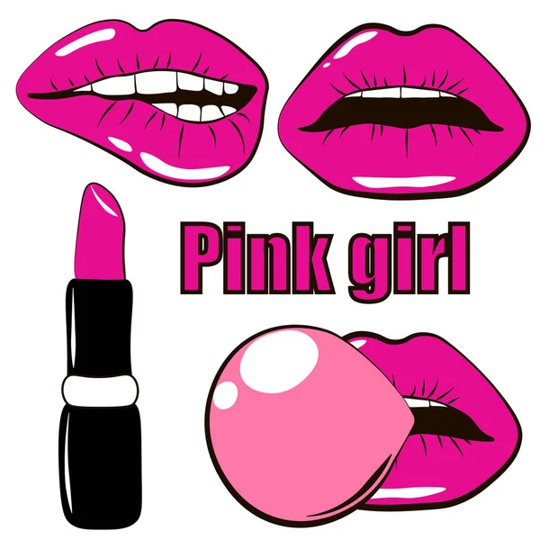 Vector illustration. Set of women pink lipstick, sexy lips, lips with gum bubble isolated on white background. Vector illustration Icons, logos and symbols For web, Print and Stencil Posters. — Stock Vector