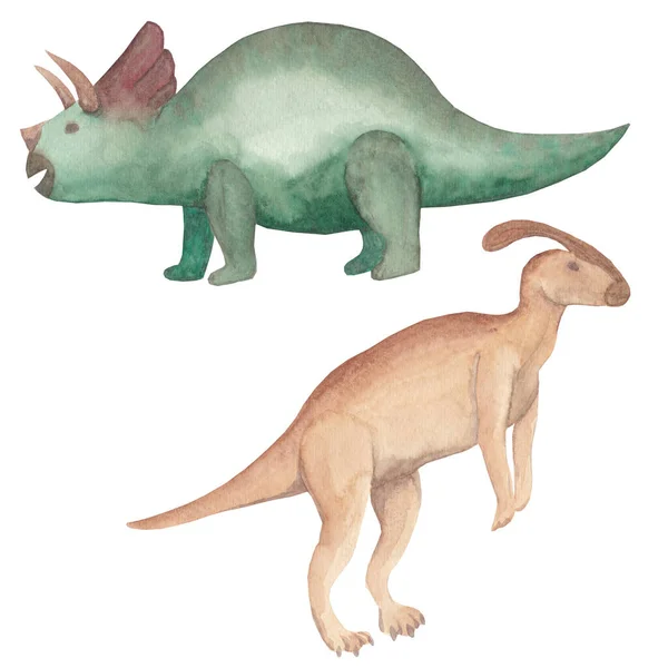 Akvarell dinoszauruszok Parasaurolophus és Triceraptors Elszigetelt fehér háttér Kézzel festett illusztráció Őskori állatok előfizetői Tökéletes logotípus, dekoráció, csomagolás, meghívó, egyéb. — Stock Fotó