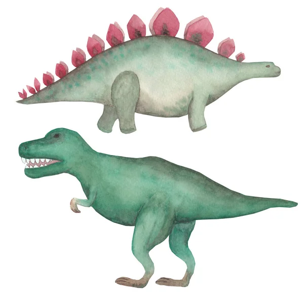 Akvarell dinosaurier Stegosaurus och Tyrannosaurus Isolerad på vit bakgrund Handmålad illustration Förhistoriska djur clipart Perfekt för logotyp, dekoration, förpackning, inbjudan, andra. — Stockfoto