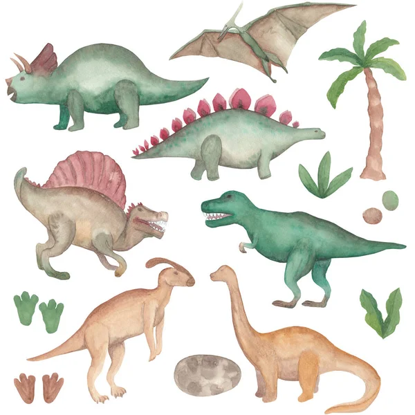 Waterkleur dinosaurussen set Geïsoleerd op witte achtergrond Handgeschilderde illustratie Prehistorische dieren clipart Perfect voor logotype, decoratie, verpakking, uitnodiging, andere. — Stockfoto