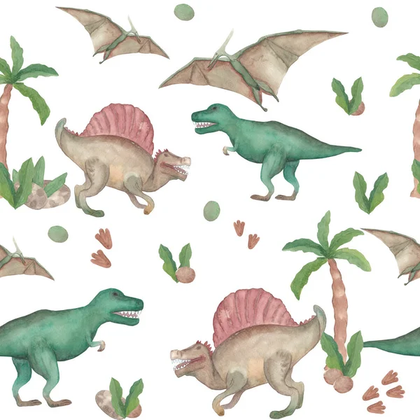 Aquarell nahtlose Muster Dinosaurier prähistorische Tiere Isoliert auf weißem Hintergrund Handgemalte Illustration Perfekt für Design-Stoff, Textil, Papier, Web, Karten, Tapeten, Einladung, andere. — Stockfoto