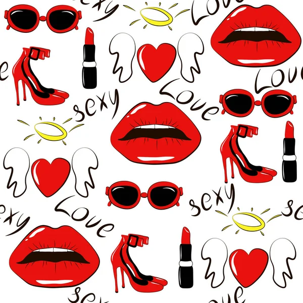 Kobieta czerwone usta serca szminka okulary, buty izolowane na białym tle Kolorowe ręcznie malowane romantyczna faktura Ilustracja mody na karty projektowe, wakacje papier pakowy, tekstylia i inne — Zdjęcie stockowe