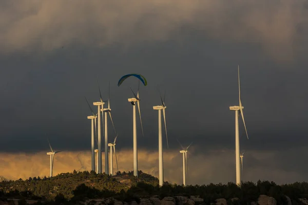 Paragliding Wind Turbines Anoia Barcelona Spain — Stock Photo, Image
