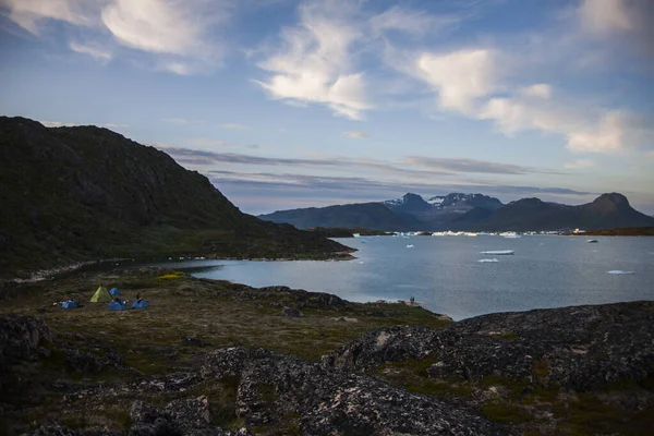 Kajak Expeditie Tussen Ijsbergen Narsaq Fiords Zuidwest Groenland Denemarken — Stockfoto
