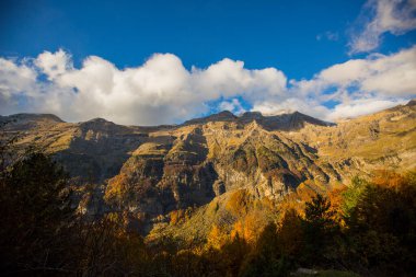 Ordesa ve Monte Perdido Ulusal Parkı 'nda sonbahar sahnesi, İspanya