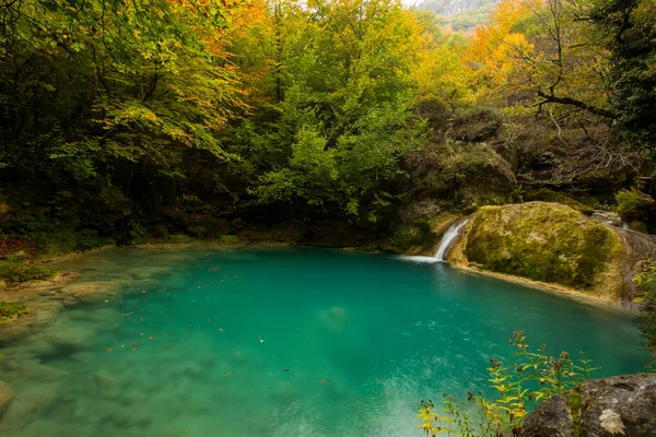 Kuzey İspanya, Navarra 'daki Nacedero de Urederra nehrinde sonbahar sahnesi