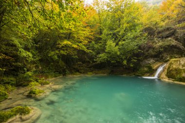 Kuzey İspanya, Navarra 'daki Nacedero de Urederra nehrinde sonbahar sahnesi