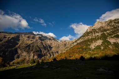 Ordesa ve Monte Perdido Ulusal Parkı 'nda sonbahar sahnesi, İspanya