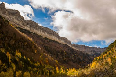 Ordesa ve Monte Perdido Ulusal Parkı 'nda sonbahar sahnesi, İspanya