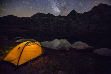 Ibon De Estanes Gölü, Aragon Pirenesi, İspanya 'da Samanyolu Altında Yaz Gecesi