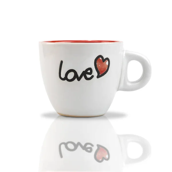 Vit Keramik Kaffekopp Med Röd Hjärtform Mönster Och Text Kärlek — Stockfoto