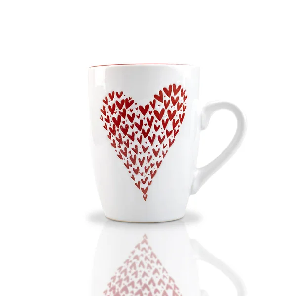 Weiße Kaffeetasse Aus Keramik Mit Rotem Herzmuster Auf Weißem Hintergrund — Stockfoto